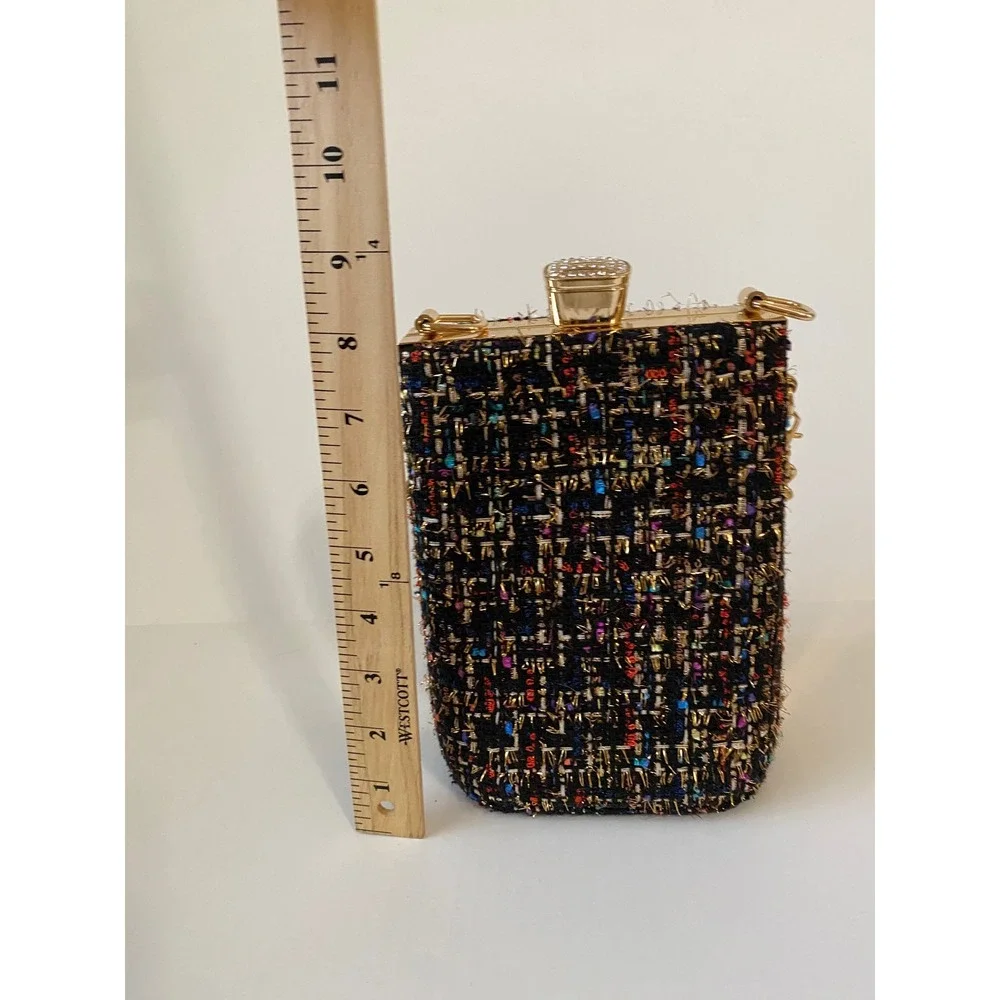 Multicolor Tweed Evening Clutch Bag Gold Chain Strap Crystal Clasp Structured